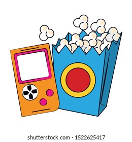 retro videogame and pop corn box over white background, colorful design. vector illustration