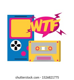retro videogame portable and casette over white background, vector illustration