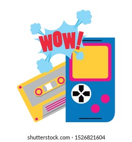 retro videogame portable and cassette over white background, vector illustration