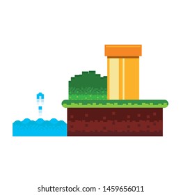 Retro videogame scenery with terrain isolated vector illustration graphic design