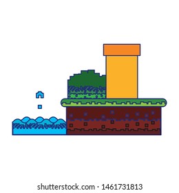 Retro videogame scenery with terrain isolated vector illustration graphic design