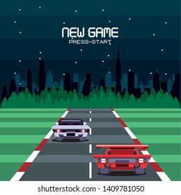 Retro videogame  screen arcade 2d racer cars night track background card  vector illustration graphic design