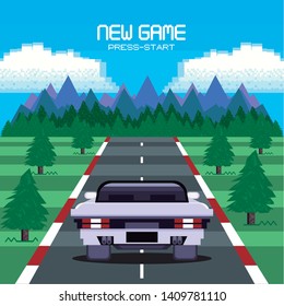 Retro videogame  screen arcade 2d racer white car day track background card  vector illustration graphic design