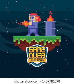Retro videogame  screen arcade background card  action adventure platformer character shooting fireballs character vector illustration graphic design