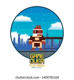 Retro videogame  screen arcade background card  action adventure platformer character squirrel gasoline character round frame vector illustration graphic design