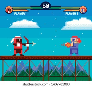 Retro videogame  screen arcade fighting characters archer fireball lifebars background card vector illustration graphic design