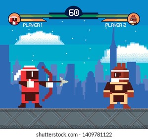 Retro videogame  screen arcade fighting characters lifebars archer squirrel background card  vector illustration graphic design