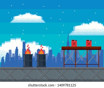 Retro videogame  screen arcade platformer stage hazards barrels gasoline background card  vector illustration graphic design