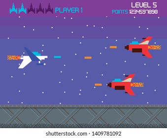 Retro videogame  screen arcade space combat ships shooting background card  vector illustration graphic design