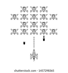 Retro videogame spaceship shooting to aliens scenery isolated vector illustration graphic design