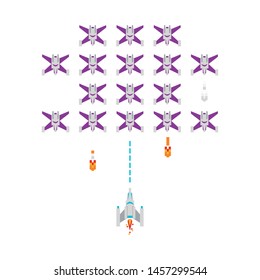 Retro videogame spaceship shooting aliens  isolated vector illustration graphic design