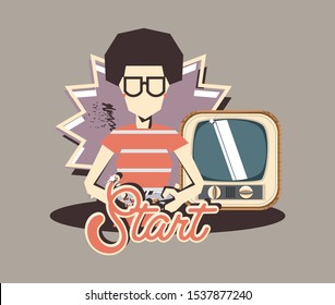 retro videogames design with avatar man and retro television over brown background, colorful design. vector illustration