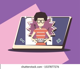 retro videogames design with avatar man with tablet device over purple background, colorful design. vector illustration