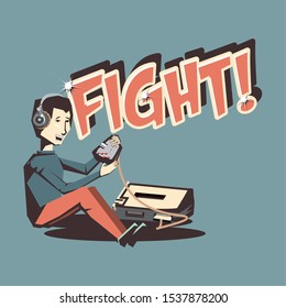 retro videogames design with avatar man with console over blue background, colorful design. vector illustration