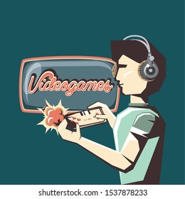 retro videogames design with avatar man with headphones and gamepad over blue background, colorful design. vector illustration