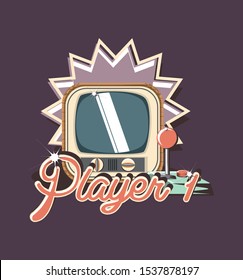 retro videogames design with retro television and joystick over purple background, colorful design. vector illustration