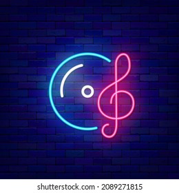 Retro vinil disk and treble clef neon icon. Party concept. Karaoke bar sign. Outer glowing effect banner. Holiday celebration design on brick wall. Editable stroke. Vector stock illustration