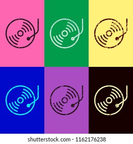 Retro vinil, record player, cd player. Pop art style. Scratched icons on 6 colour backgrounds. 