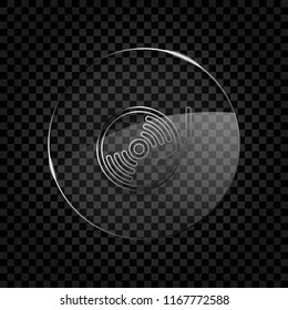Retro vinil, record player, cd player. Icon in circle glass bubble on dark transparent grid. Glass style