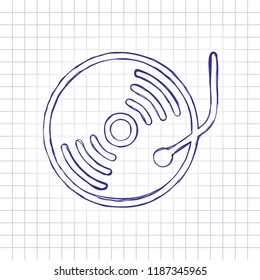 Retro vinil, record player, cd player. Hand drawn picture on paper sheet. Blue ink, outline sketch style. Doodle on checkered background