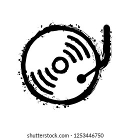 Retro vinil, record player, cd player. Black ink with splashes on white background