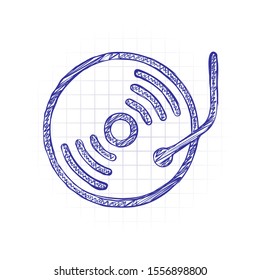 Retro vinil, record player, cd player. Hand drawn sketched picture with scribble fill. Blue ink. Doodle on white background