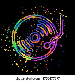 Retro vinil, record player, cd player. Colored ink with splashes on black background