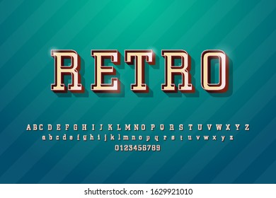 "Retro" vintage 3D C serif condensed alphabet with Halftone texture and numbers. Retro Typography. vector illustration.