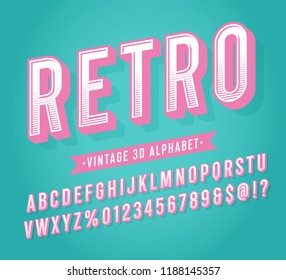 'Retro' Vintage 3D Sans Serif Condensed Alphabet with Halftone Texture. Retro Typography. Vector Illustration.