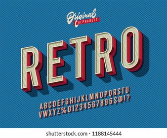 'Retro' Vintage 3D Sans Serif Condensed Alphabet with Halftone Texture. Retro Typography. Vector Illustration.