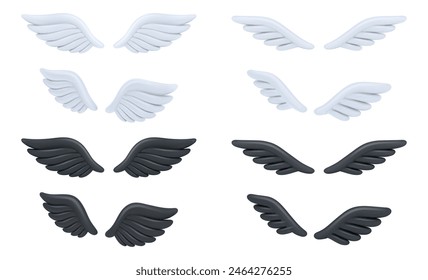 Retro or vintage 3d wings with feathers and plumage. Vector isolated angel, devil or avian animal bird part of body. Costume piece or fantasy winged decor. Flight or stylized decoration