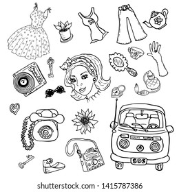 Retro, vintage 60th items clipart set, black outline on white background, vector
