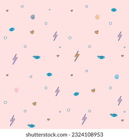Retro vintage 80s or 90s 00s fashion style abstract seamless pattern background. Good for textile fabric design, wrapping paper and website wallpapers. Vector illustration. Vibrant colors, heart, star