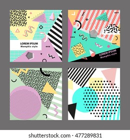 Retro vintage 80s or 90s fashion style. Memphis cards. Trendy geometric elements. Modern abstract design poster, cover, card design. Vector illustration. Big set.