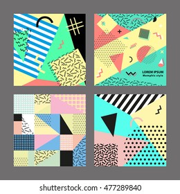Retro vintage 80s or 90s fashion style. Memphis cards. Trendy geometric elements. Modern abstract design poster, cover, card design. Vector illustration. Big set.