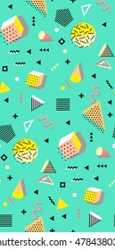 Retro vintage 80s or 90s fashion style. Memphis seamless pattern. Trendy geometric elements. Modern abstract design. Good for textile fabric. Vector illustration.