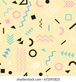 Retro vintage 80s or 90s fashion style. Memphis seamless pattern. Trendy geometric elements. Modern abstract design. Good for textile fabric. Vector illustration.