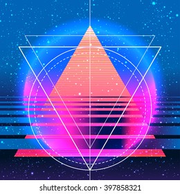 Fundo abstrato estilo geométrico retro dos anos 80 ou 90. Bom design para design de impressão de camiseta têxtil, flyer e cartaz fundo. Ilustração vetorial futurista em cores neon brilhantes.