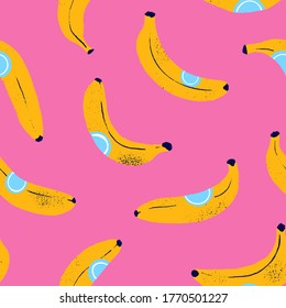 Retro vintage 80s banana food fashion style seamless pattern illustration background. Ideal for fabric design, paper print and website backdrop