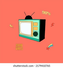 Retro Vintage 80s Tv On Red Bckground. Old-fashion Vector Illustration For Banner, Poster, Card. Hand-drawn Cartoon Style