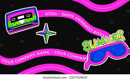 Retro or vintage abstract company card with name and information. Promotional banner with old cassette from magnetophone, summer glasses from sun rays and lights. Vector in flat style illustration