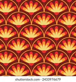 Retro Vintage abstract flowers on geometric brown scales seamless pattern in orange, red and yellow. For fabric, wallpaper and textile.