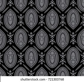 Retro Vintage Abstract Repeat Background with Geometric, Floral and Laurel Leaf Details - Seamless Artwork Tile - Tonal Grey and Black - Greyscale - Grayscale