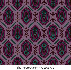 Retro Vintage Abstract Repeat Background with Geometric, Floral and Laurel Leaf Details - Seamless Artwork Tile - Violet Purple, Lilac and Emerald Green