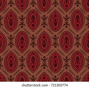 Retro Vintage Abstract Repeat Background with Geometric, Floral and Laurel Leaf Details - Seamless Artwork Tile - Rust Orange, Rich Red and Brown