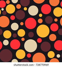 Retro vintage abstract seamless background, circles on black background, dotted, bubbles, warm colors