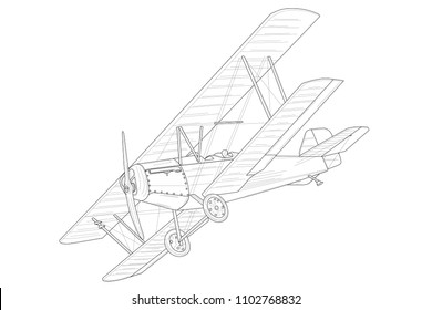 Retro vintage airplane with outlines. Vector illustration in black and white. Coloring paper, page, book