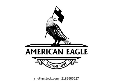 Retro Vintage American Eagle Falcon Hawk Bird With Flag Badge Emblem Logo Design