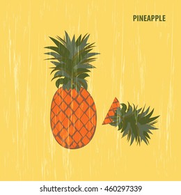 Retro vintage ananas and an upper part or crown of pineapple with leaves isolated on yellow background flat vector illustration