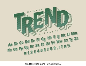 Retro vintage angled font in green halftone. Vector 3D comic screen tone typographic design. Dimensional letters and number set. Trendy typeface for poster, cover, brochure, graphic layout, etc. 